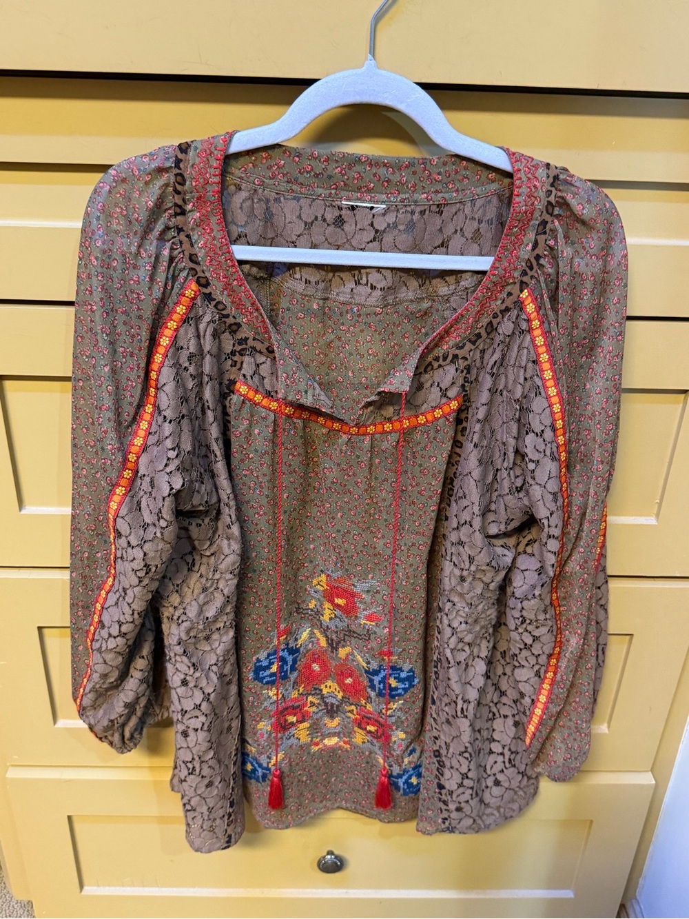 Embroidered Taupe Peasant Blouse with Red Trim